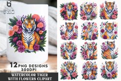 Watercolor Tiger With Flowers Clipart, Mug Sublimation PNG Product Image 1