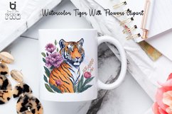 Watercolor Tiger With Flowers Clipart, Mug Sublimation PNG Product Image 4