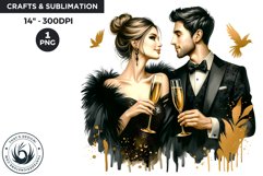 Watercolor Black &amp; Gold New Year romantic couple PNG Product Image 1