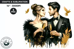 Watercolor Black & Gold New Year romantic couple PNG Product Image 1