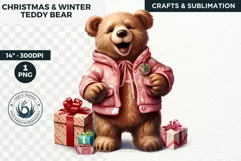 Pink Christmas teddy Bear Clipart PNG for sublimation Product Image 1