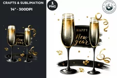 Watercolor Black & Gold Champagne New Year PNG Product Image 1
