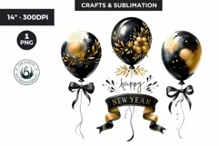 Watercolor Black & Gold balloons happy New Year Clipa Product Image 1