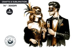 Watercolor Black &amp; Gold New Year Png, couple with mask Product Image 1