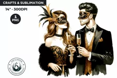 Watercolor Black & Gold New Year Png, couple with mask Product Image 1