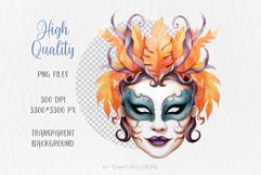 Fall Festival Mask Clipart, Watercolor Halloween Sublimation Product Image 2