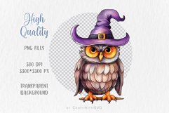 Happy Halloween Owl Clip Art, Watercolor Owl in Purple Hat Product Image 3