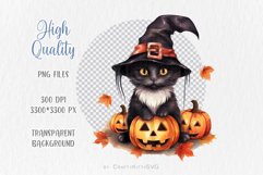 Halloween Black Cat Clip Art, Watercolor Cat and Pumpkins Product Image 3