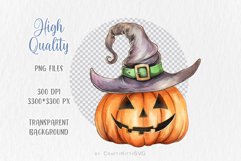 Happy Halloween Pumpkin Clip Art, Watercolor Pumpkin in Hat Product Image 3