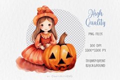 Pumpkin Princess Clip Art, Fall Watercolor Girl in Witch Hat Product Image 3