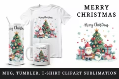 Watercolor tree gift gnome Santa Claus hat snowman Merry Christmas quote print 20 oz tumbler skinny mug wrap clipart t-shirt sublimation printable design