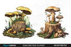 Watercolor Tree Stump With Mushrooms Exquisite Clipart Product Image 1