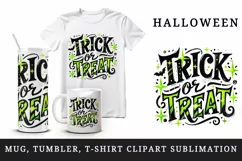 Watercolor Trick or Treat text black neon green quote lettering Halloween print tumbler skinny mug wrap clipart t-shirt sublimation printable design