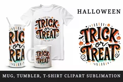 Watercolor Trick or Treat text black neon orange quote lettering Halloween print tumbler skinny mug wrap clipart t-shirt sublimation printable design