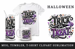 Watercolor Trick or Treat text black neon purple quote lettering Halloween print tumbler skinny mug wrap clipart t-shirt sublimation printable design