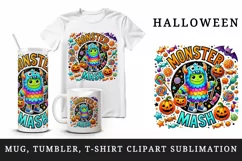 Watercolor trick-or-treating child in costume Monster Mash quote Halloween print tumbler skinny mug wrap clipart t-shirt sublimation printable design