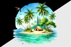 Watercolor  tropical island with palm trees tent water summer print 20 oz tumbler skinny mug wrap clipart t-shirt sublimation printable design