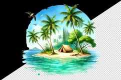 Watercolor  tropical island with palm trees tent water summer print 20 oz tumbler skinny mug wrap clipart t-shirt sublimation printable design