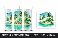 Watercolor  tropical island with palm trees tent water summer print 20 oz tumbler skinny mug wrap clipart t-shirt sublimation printable design