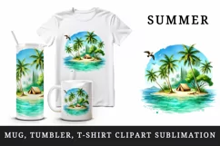 Watercolor  tropical island with palm trees tent water summer print 20 oz tumbler skinny mug wrap clipart t-shirt sublimation printable design