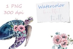 Watercolor Clipart. Sea Turtle. Ocean animal with flowers Product Image 1