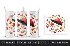 Watercolor umbrella surrounded by autumn falling leaves fall print 20 oz tumbler skinny mug wrap clipart t-shirt sublimation printable design