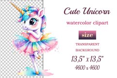 Hand drawn watercolor clipart of cute unicorn ballerina on transparent background. Great creative for nursery, kids, education, wall decoration, greeting cards, party invitations, posters, birthday projects, flyers, brochures, covers, print