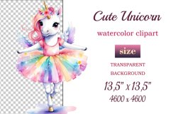 Hand drawn watercolor clipart of cute unicorn ballerina on transparent background. Great creative for nursery, kids, education, wall decoration, greeting cards, party invitations, posters, birthday projects, flyers, brochures, covers, print