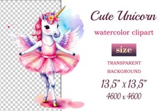 Hand drawn watercolor clipart of cute unicorn ballerina on transparent background. Great creative for nursery, kids, education, wall decoration, greeting cards, party invitations, posters, birthday projects, flyers, brochures, covers, print