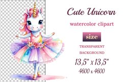 Hand drawn watercolor clipart of cute unicorn ballerina on transparent background. Great creative for nursery, kids, education, wall decoration, greeting cards, party invitations, posters, birthday projects, flyers, brochures, covers, print