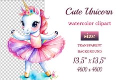 Hand drawn watercolor clipart of cute unicorn ballerina on transparent background. Great creative for nursery, kids, education, wall decoration, greeting cards, party invitations, posters, birthday projects, flyers, brochures, covers, print