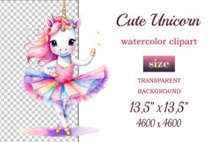 Hand drawn watercolor clipart of cute unicorn ballerina on transparent background. Great creative for nursery, kids, education, wall decoration, greeting cards, party invitations, posters, birthday projects, flyers, brochures, covers, print