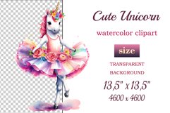 Hand drawn watercolor clipart of cute unicorn ballerina on transparent background. Great creative for nursery, kids, education, wall decoration, greeting cards, party invitations, posters, birthday projects, flyers, brochures, covers, print