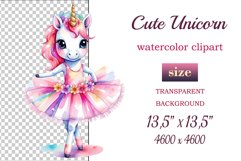 Hand drawn watercolor clipart of cute unicorn ballerina on transparent background. Great creative for nursery, kids, education, wall decoration, greeting cards, party invitations, posters, birthday projects, flyers, brochures, covers, print