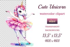 Hand drawn watercolor clipart of cute unicorn ballerina on transparent background. Great creative for nursery, kids, education, wall decoration, greeting cards, party invitations, posters, birthday projects, flyers, brochures, covers, print