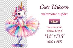 Hand drawn watercolor clipart of cute unicorn ballerina on transparent background. Great creative for nursery, kids, education, wall decoration, greeting cards, party invitations, posters, birthday projects, flyers, brochures, covers, print