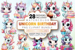 Watercolor Unicorn Birthday Sublimation Clipart Bundle Product Image 1