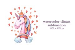 Watercolor cute unicorn sublimation / clipart- 1 png file Product Image 1