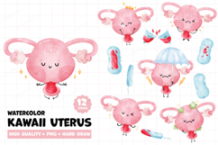 Adorable Watercolor Kawaii Uterus Clipart Menstrual PNG Set Product Image 1