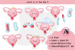 Adorable Watercolor Kawaii Uterus Clipart Menstrual PNG Set Product Image 2