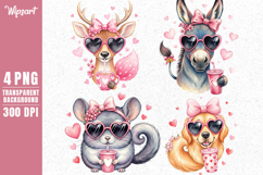 Watercolor Valentine Animals with Pink Drinks PNG