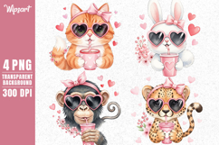 Watercolor Valentine Animals with Pink Heart Cups PNG
