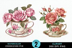 Watercolor Valentine's Roses In A Cup Clipart Product Image 1