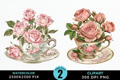 Watercolor Valentine's Roses In A Cup Clipart Product Image 1