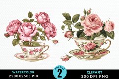 Watercolor Valentine's Roses In A Cup Clipart Product Image 1