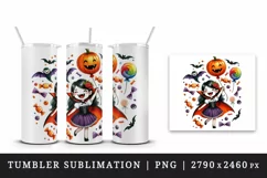 Watercolor vampire girl holding pumpkin balloon bats candy Halloween print 20 oz tumbler skinny mug wrap clipart t-shirt sublimation printable design
