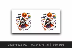 Watercolor vampire girl holding pumpkin balloon bats candy Halloween print 20 oz tumbler skinny mug wrap clipart t-shirt sublimation printable design