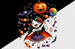 Watercolor vampire girl holding pumpkin balloon bats candy Halloween print 20 oz tumbler skinny mug wrap clipart t-shirt sublimation printable design