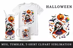 Watercolor vampire girl holding pumpkin balloon bats candy Halloween print 20 oz tumbler skinny mug wrap clipart t-shirt sublimation printable design