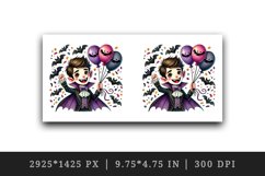 Watercolor vampire holding bunch of balloons bats confetti Halloween print 20 oz tumbler skinny mug wrap clipart t-shirt sublimation printable design